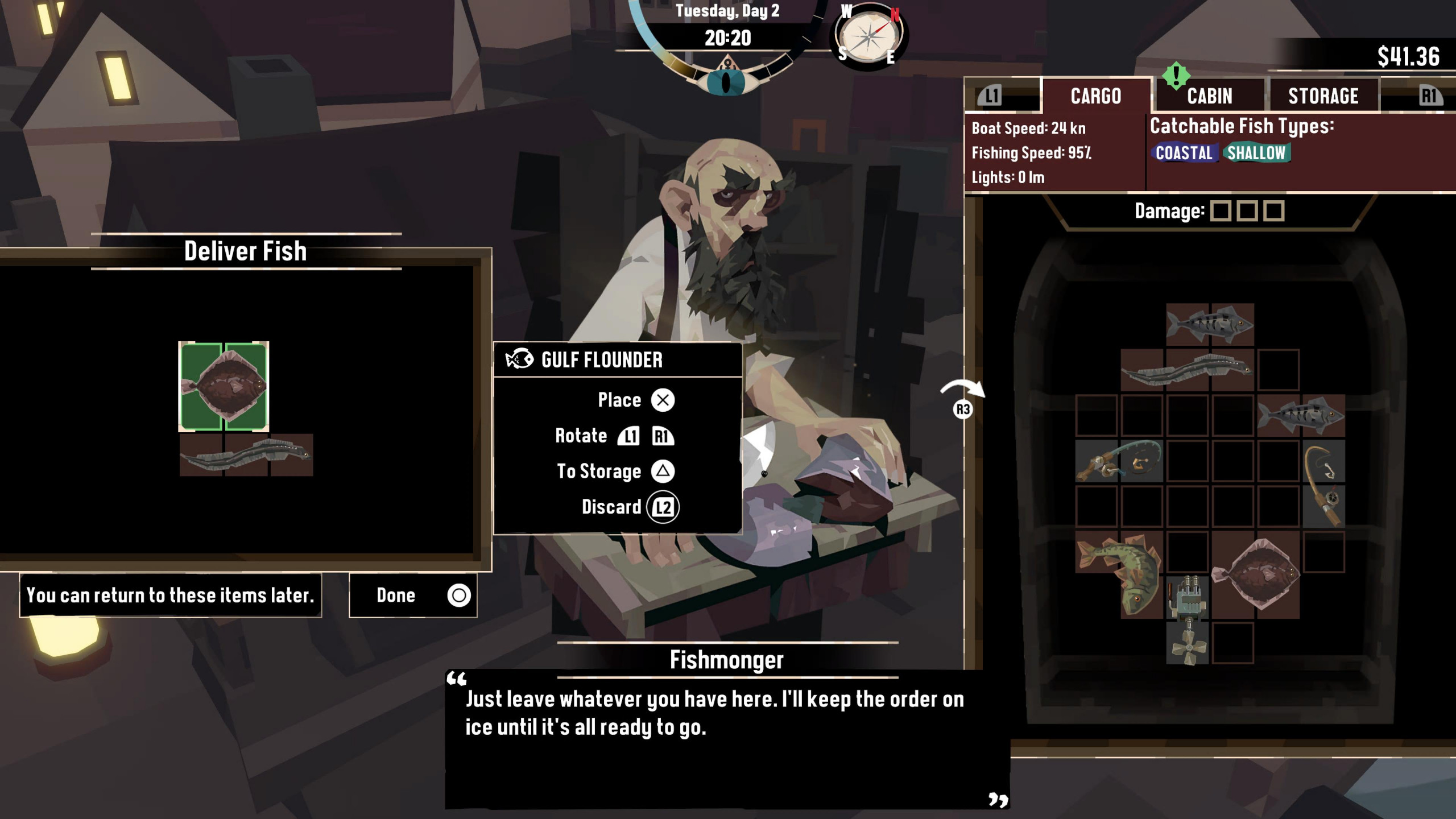 dialogue with a haggered looking fishmonger. The time, day and date is displayed at top center alongside a compass. A user interface showing a cargo of different fish held in cargo slots. The center of the screen shows a legend of controls for the player. The dialogue is transcribed at the bottom of the screen with the Fishmonger saying "Just leave whatever you have here. I'll keep the order on ice until it's all ready to go."