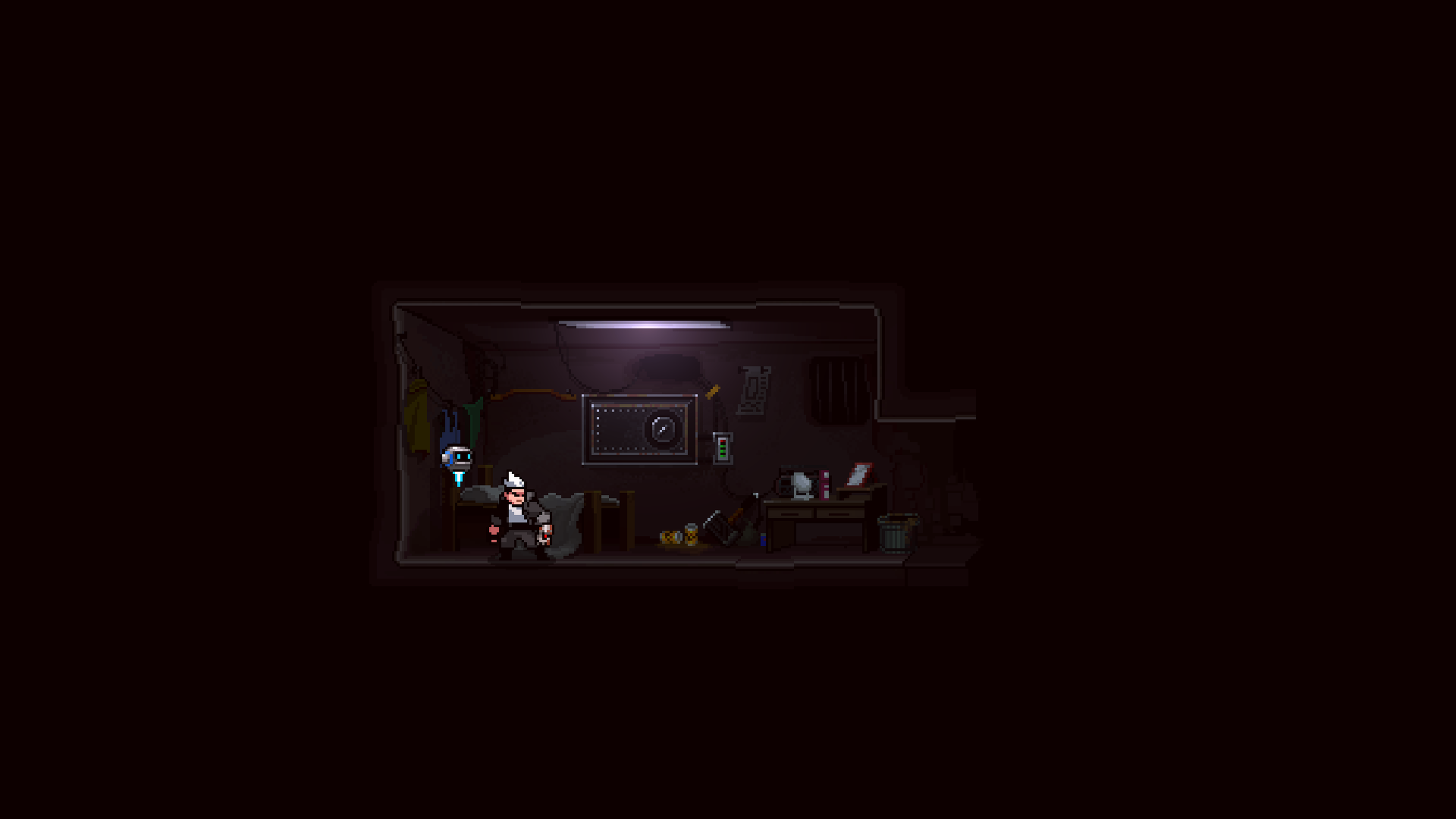 A 2D pixel art character with spiked white hair and wearing a black leather jacket is standing in a small dark bedroom lit by a single dull ceiling light