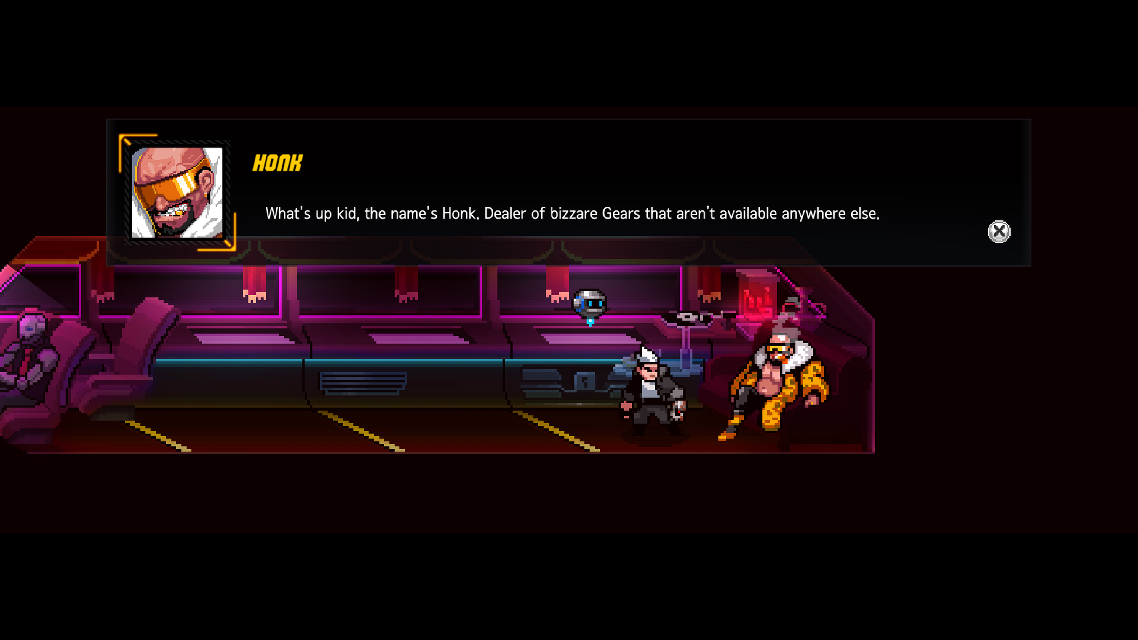 2 pixel art characters in dialogue in the interior of an extra long stretch limousine which is being driven by a droid. There is a purple neon hue across the interior. 