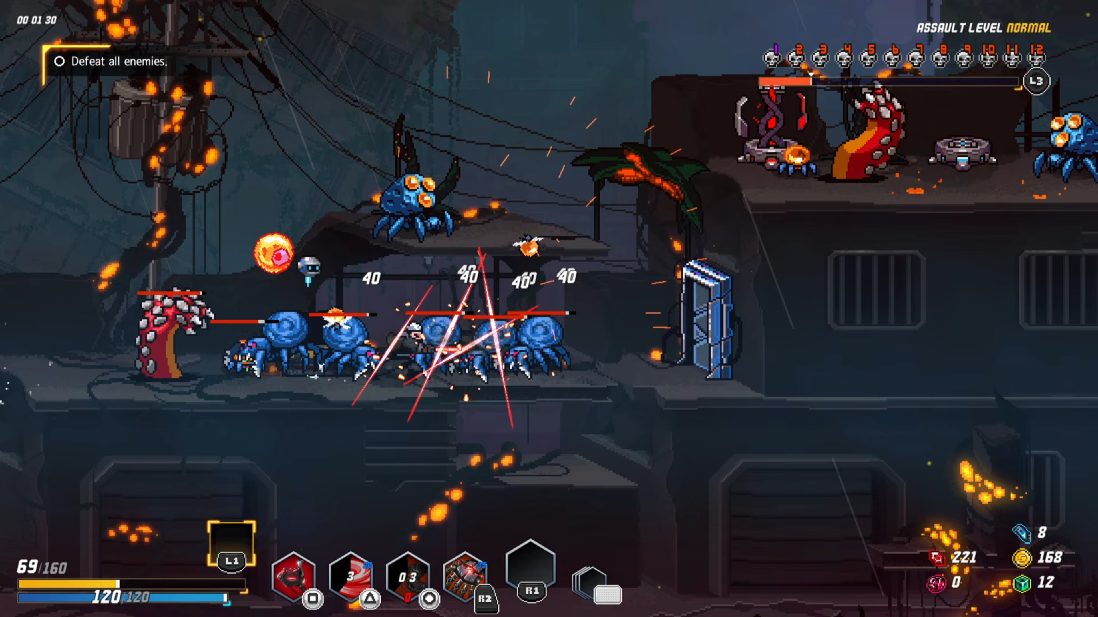 a 2d pixel art character slices through some blue crab like creatures as they attack him. The environment is dark and dreary with orange sparks spitting form the melee