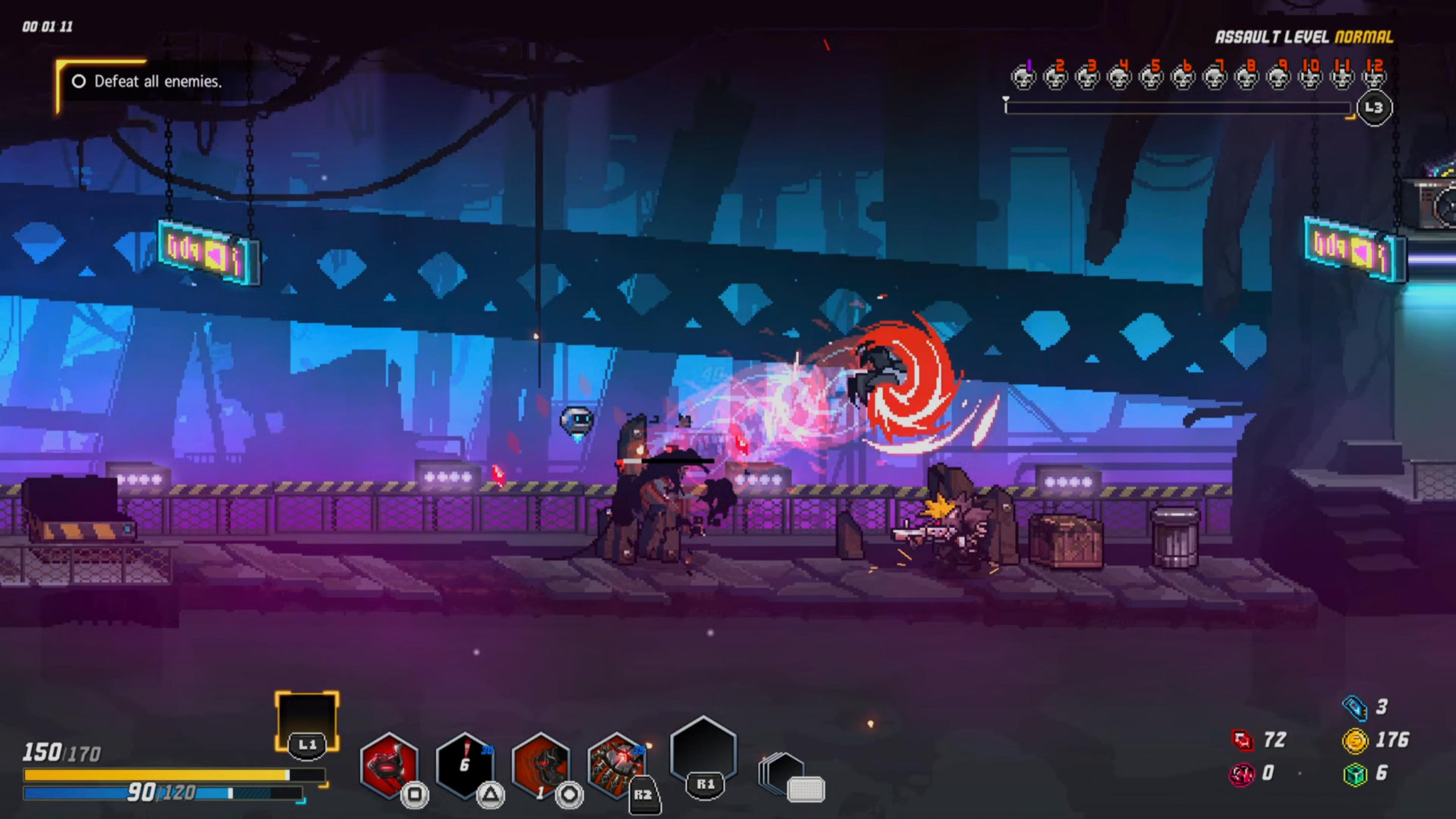 a character performing a special spin attack on some enemies in Blade Assault. The attack produces a red semi circular flame around the character