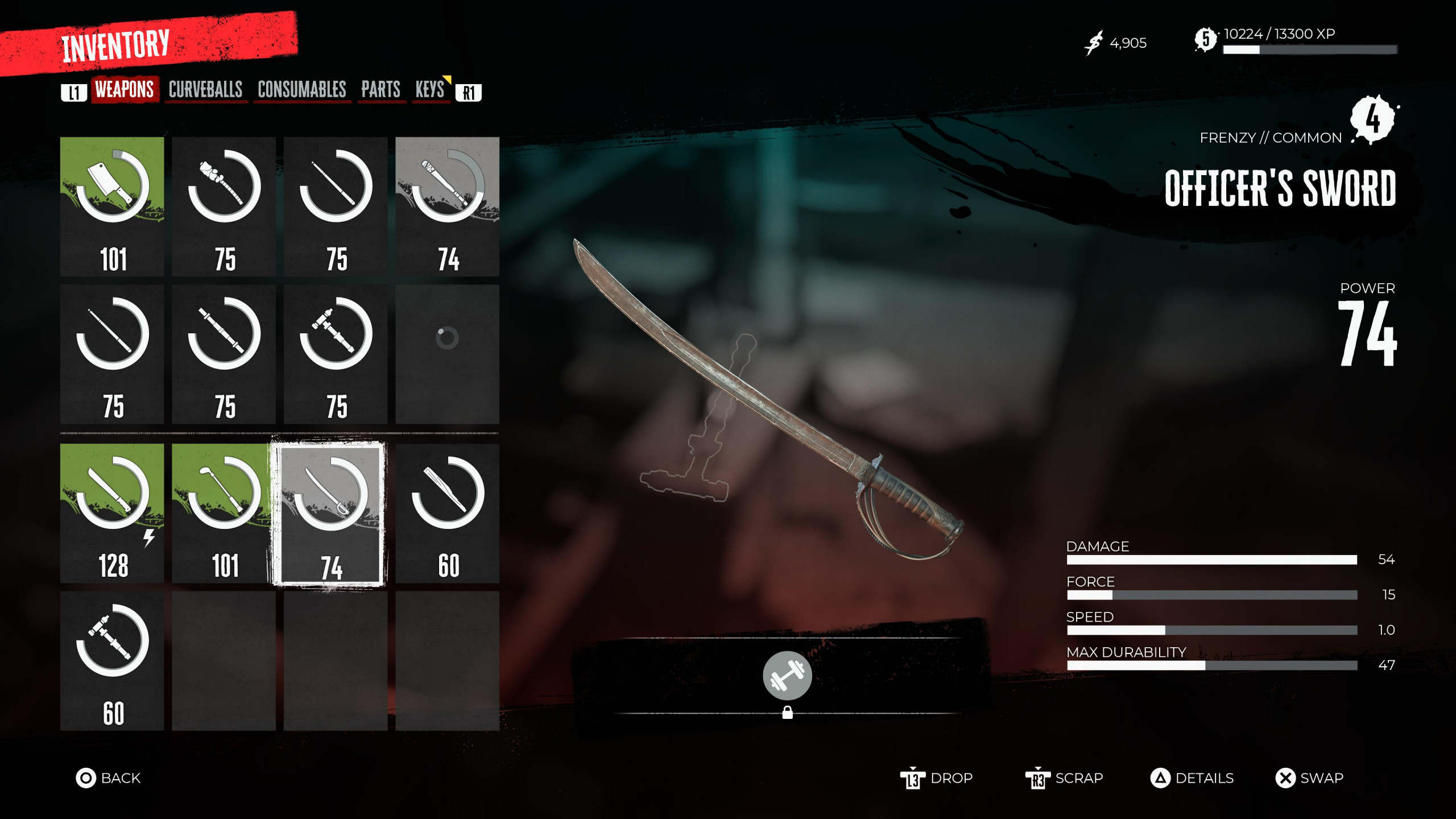 your inventory shows weapons and their strengths as well as being able to scrap them or even just drop them.