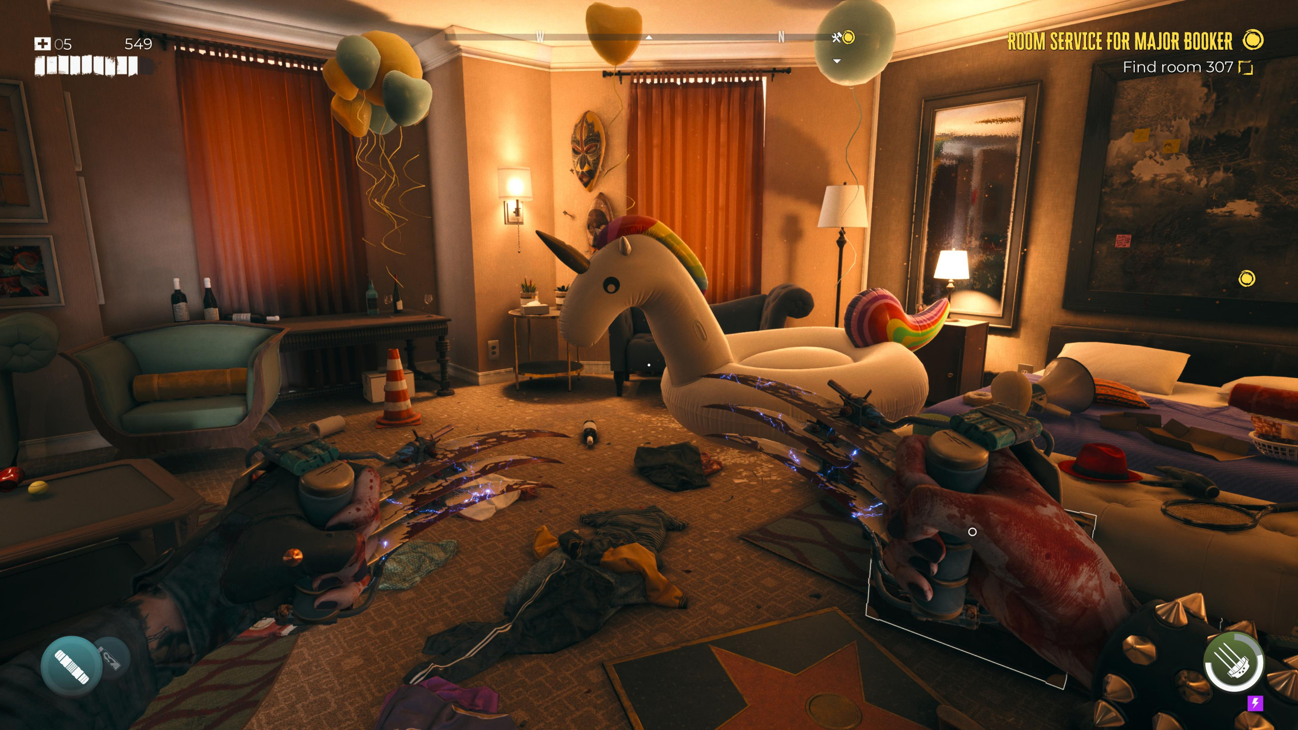 a inflatable unicorn in the middle of a rubbish strewn room with party balloons on the ceiling. Your character has some wolverine style claws as weapons.