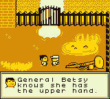 2 pixel art characters in conversation in a gated area. The bottom of the image shows a text transcription of the conversation with the character on the left saying: "General Betsy knows she has the upper hand."