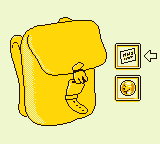 a yellow backpack with two squares arranged vertically to the right. The top square contains a note and has an arrow pointing to it. The bottom square contains a coin.