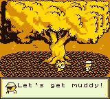 2 pixel art characters face to face in the shade of a large tree. The bottom of the image shows a text transcription of the conversation with the character on the right saying: "Let's get muddy!"
