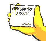 a yellow cartoon hand holding a square piece of white paper with "Mud Warrior Pass" written on it in black text. The bottom right is signed "Mike"