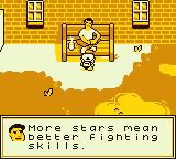 A pixel art image of an adult sitting on a bench with a coffee beside them, engaged in conversation with with a small kid dressed in white. The bottom of the image shows the conversation with the adult saying: "More stars mean better fighting skills".