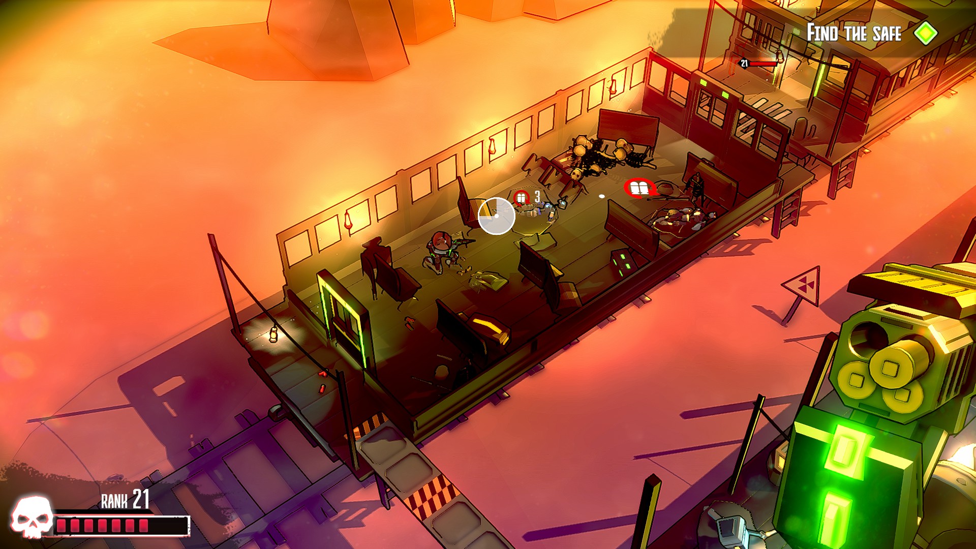 Top down shot of a train cart in a dessert with the gunslinger crouched behind a broken chair. Health meter is shown in bottom left showing damage has ben taken, players rank is also shown above. on the right side is a guns chamber open with two bullets inside and one being loaded in.