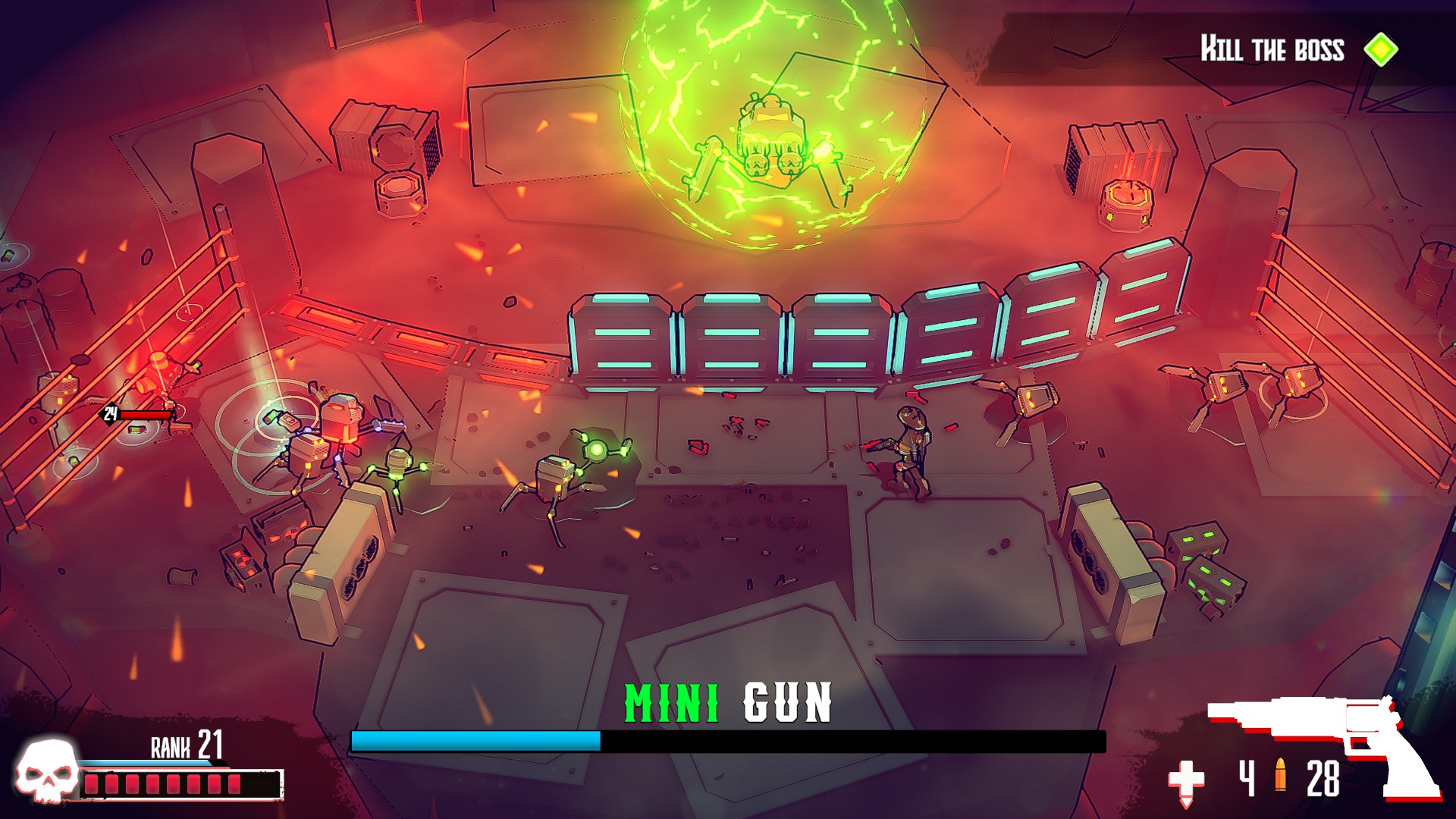 Mini Gun boss is protecting itself in a green sphere of energy, below it are a set of blue neon barricades. The Gunslinger is standing still as robot attack from each side with the small brightly lit one approaching from the left. shown below is the bosses health bar as well as the current gun equipped.