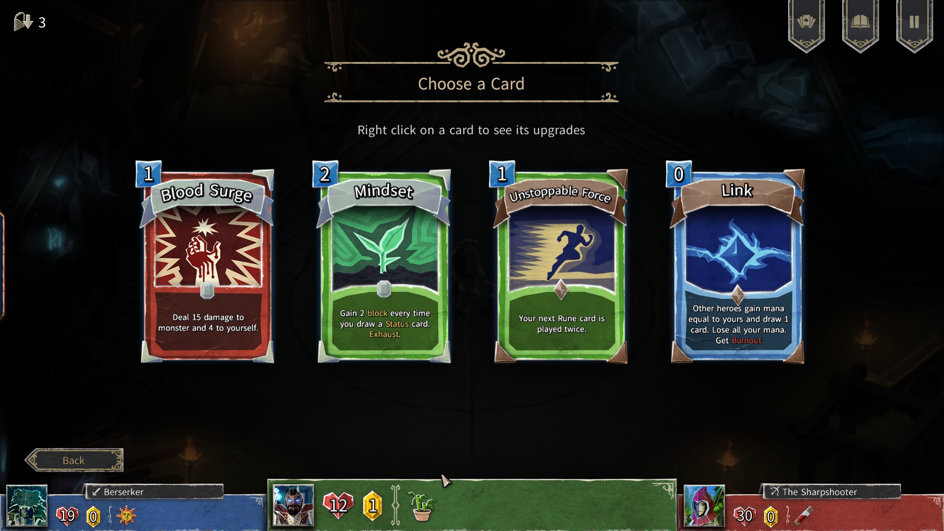 Four possible card selections are shown. Each card has it's own resource cost and skill type.