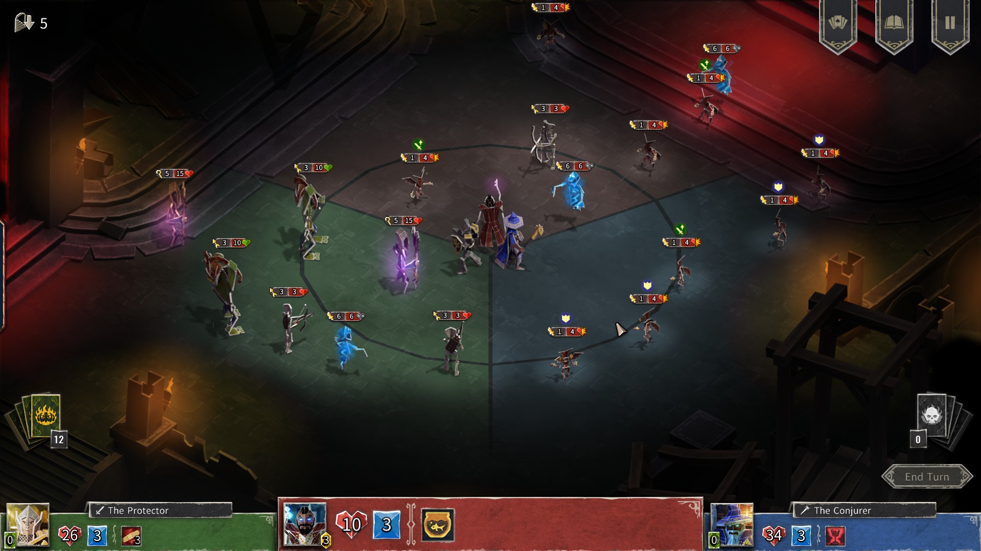The Hellcard game area is seen. The player's main character and two companions stand in the middle, surrounded by enemies. The zone is split into far and near zones.