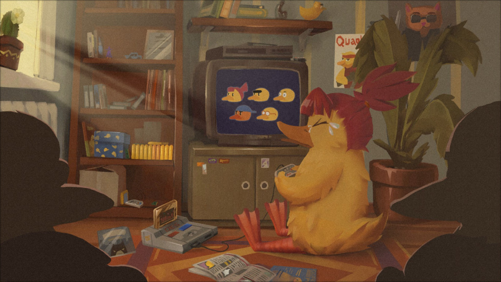 A humanoid female duck sitting on the floor in a retro styled room playing video games