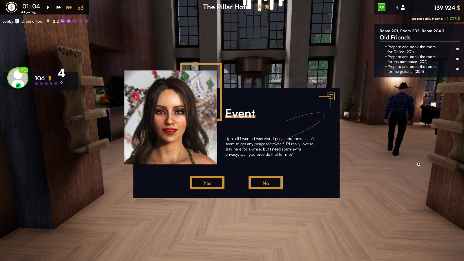 A woman's portrait with a text box asking you if you can fill a small request for privacy, behind the box is the lobby with a man wearing a cowboy hat and blue shirt with hhis back turned to you.