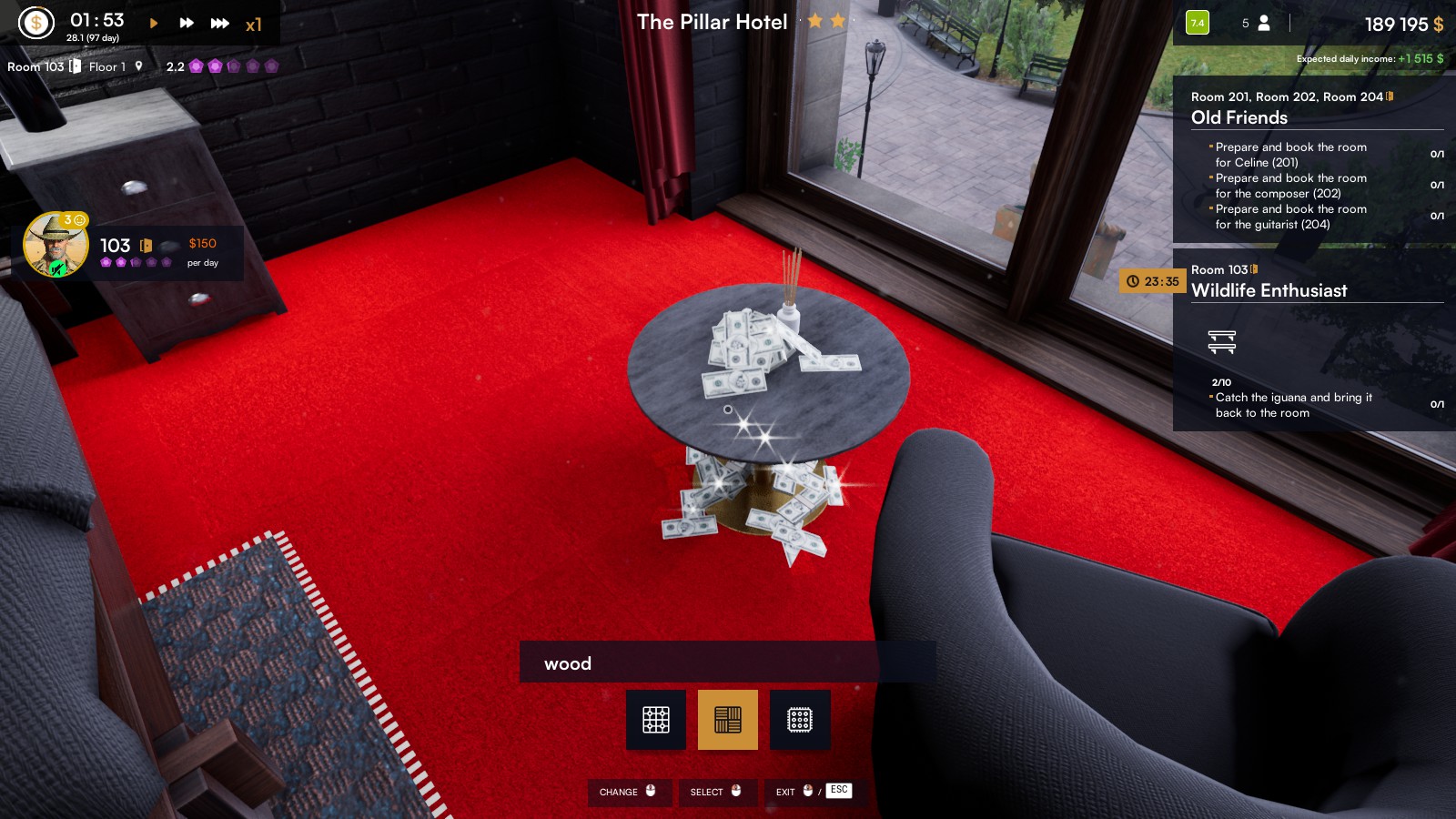A table holding a small pile of bills that have also fallen onto the floor and is shining. A bright red carpet helps make the black furniture stand out next to a closed window.