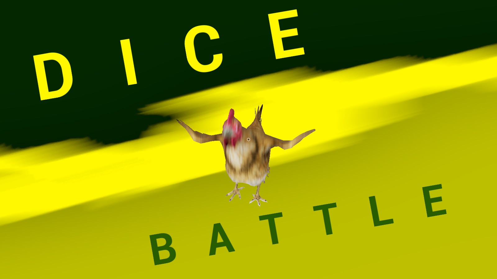 A focused look at the chicken who is challenging the player to a dice battle and is surrounded by a dark green with yellow text in the upper left area and a murkier green with dark text in the lower right.