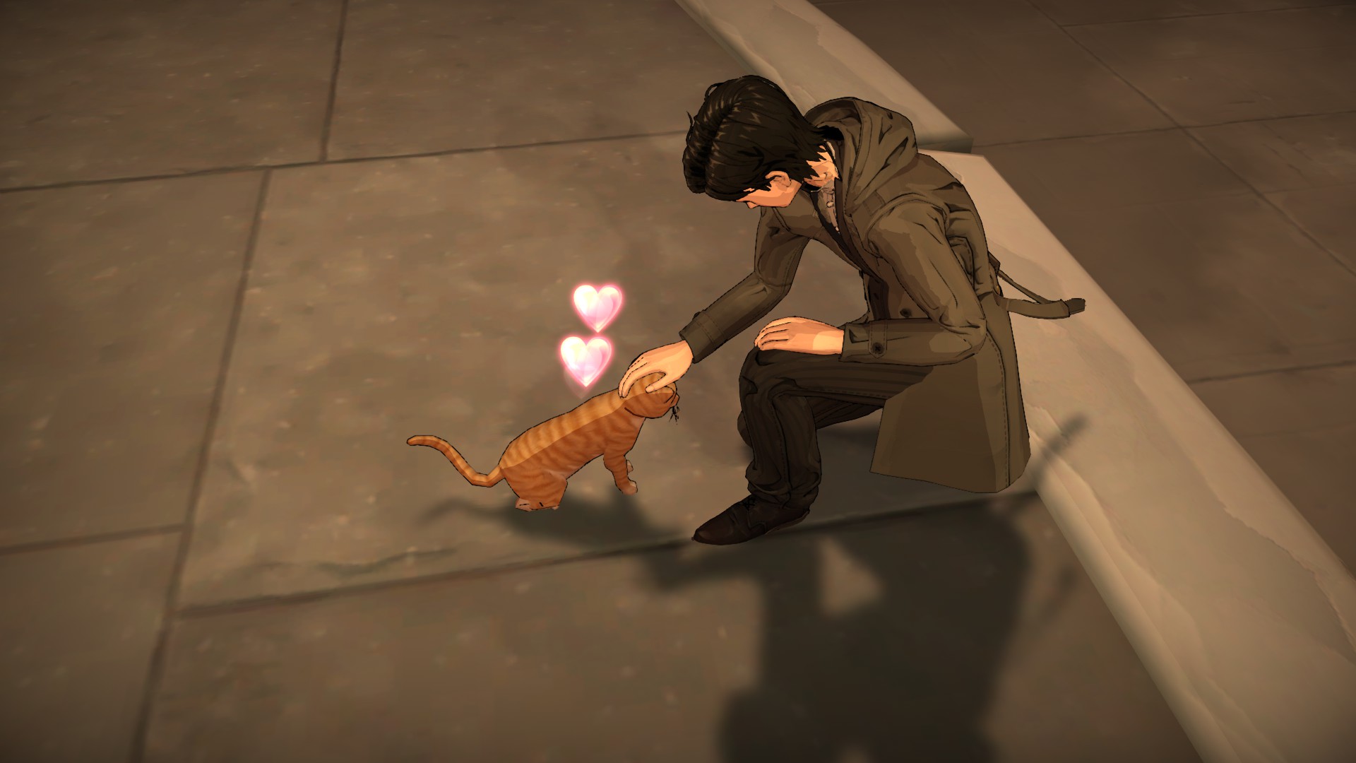 A man wearing a trench coat with brunette hair kneeling down on concrete to gently pet a ginger cat, with pink hearts rising from it.