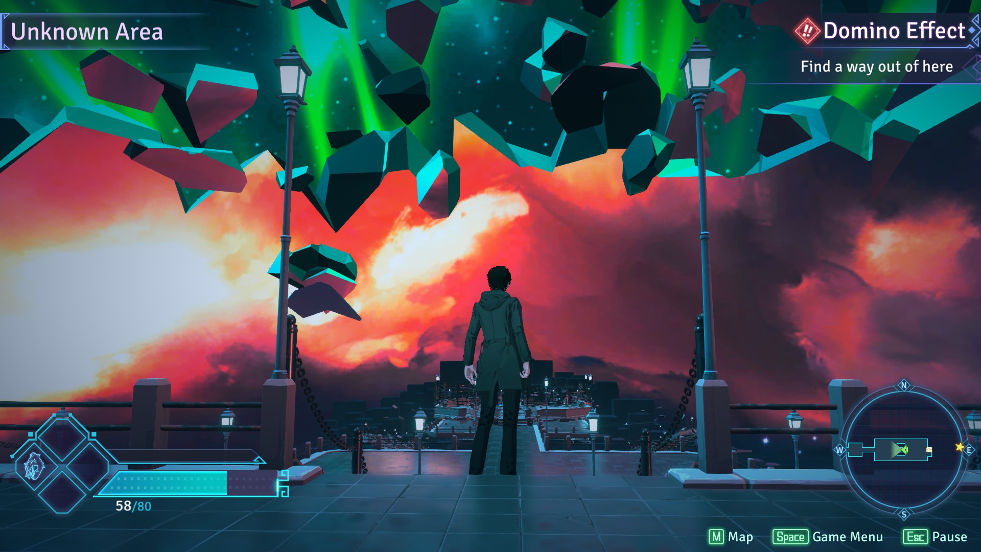 A man stands between two lamp posts as a crack revealing red clouds lies ahead, a mini map can be seen in the lower right corner and the objective in the top right.