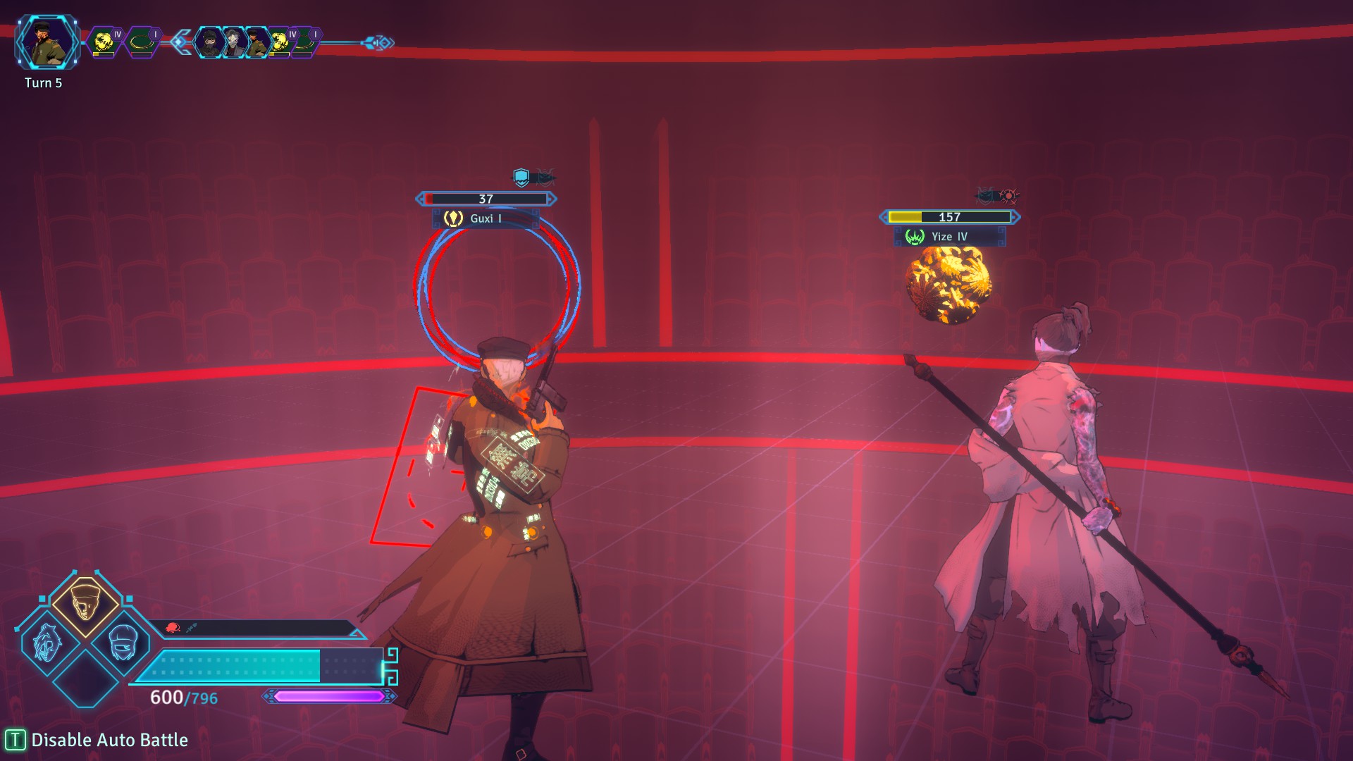 Two creatures and two people can be seen in a red violet room. One man is holding a gun while the other a spear. Health par with four faces are visible with a small purple bar is futher below.