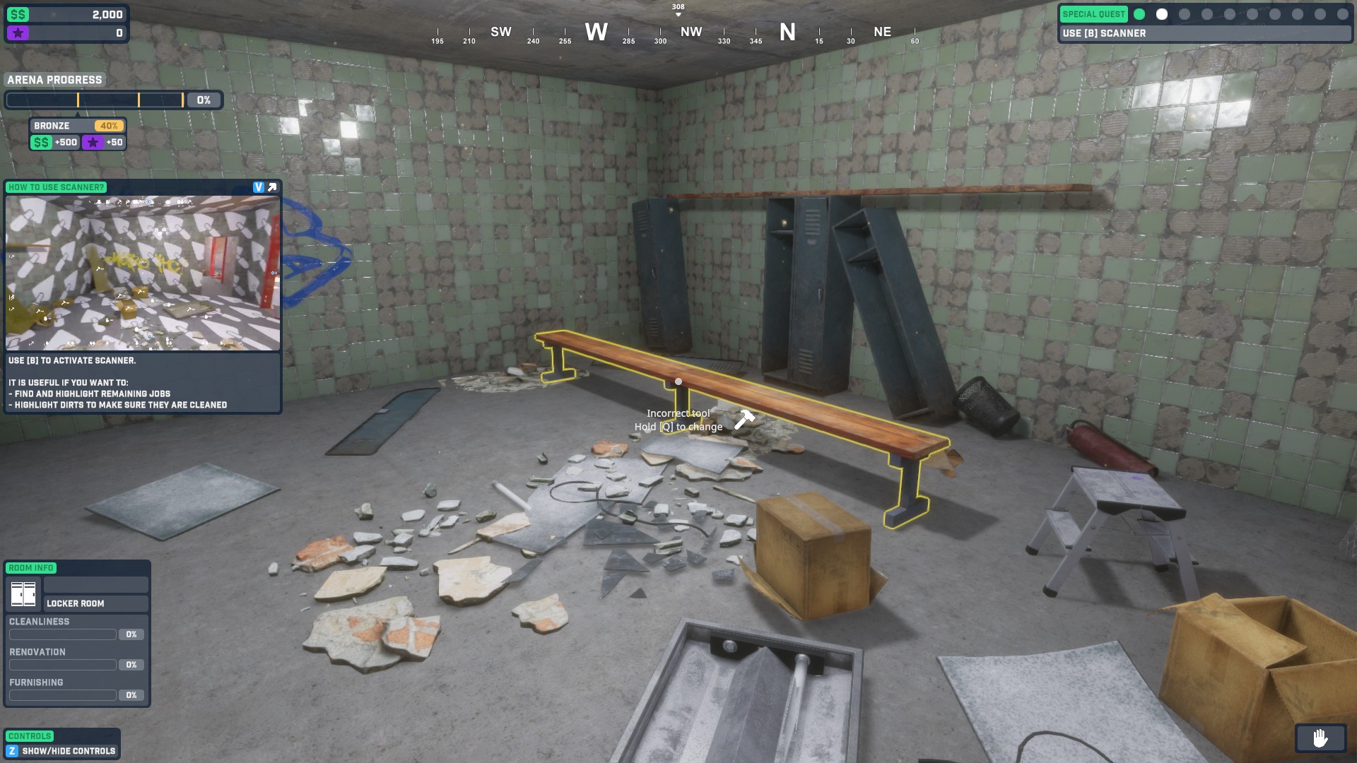 A room filled with junk, a long bench highlighted with a yellow outline is surrounded by broken tiles and empty boxes.