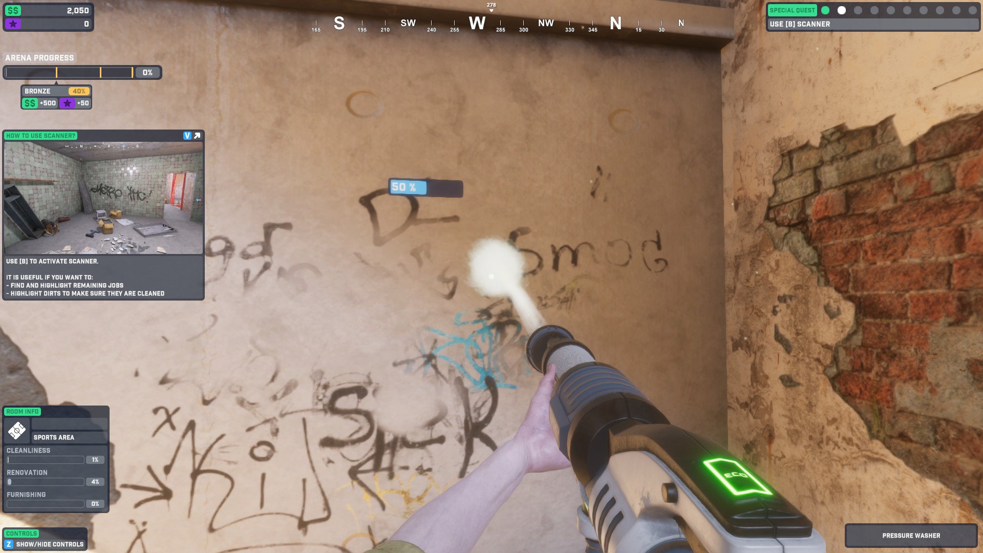 HUD with checkboxes for the room in the bottom left, tutorial is above check-list. hand holding a power washer whilst cleaning graffiti off a wall.