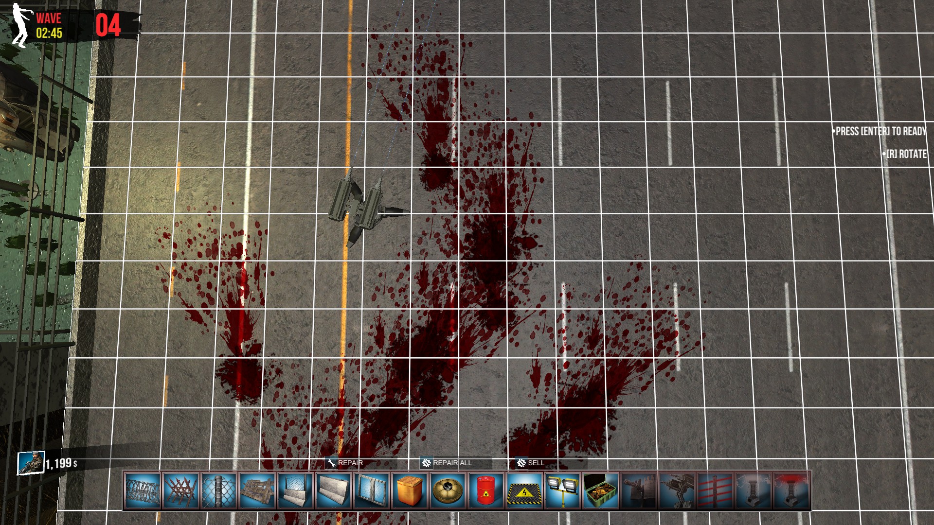 A grid with blood splatters across the floor, different items are displayed below, ranging from barriers to turrets.