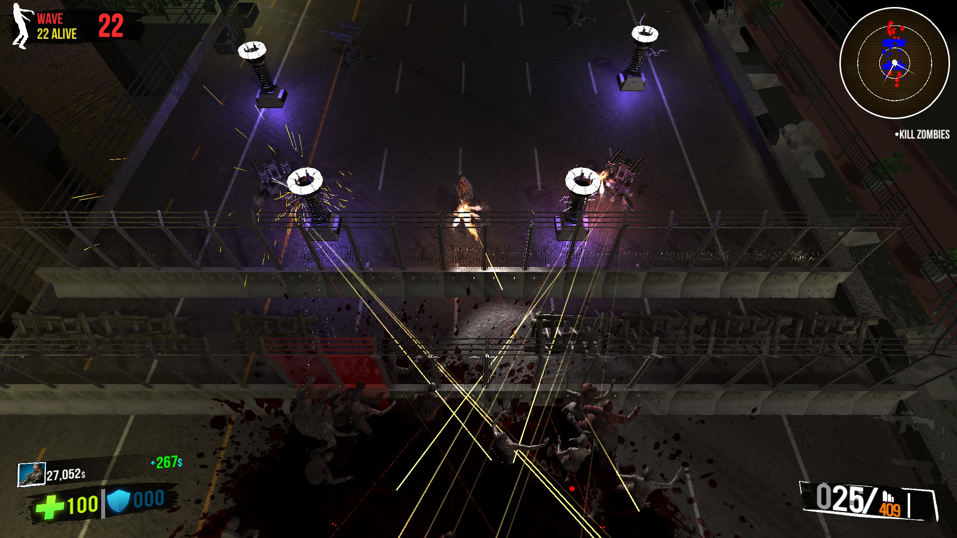 A defence has been built, a horde of zombies are below trying to reach the player. Two turrets and four electrical towers can be seen.