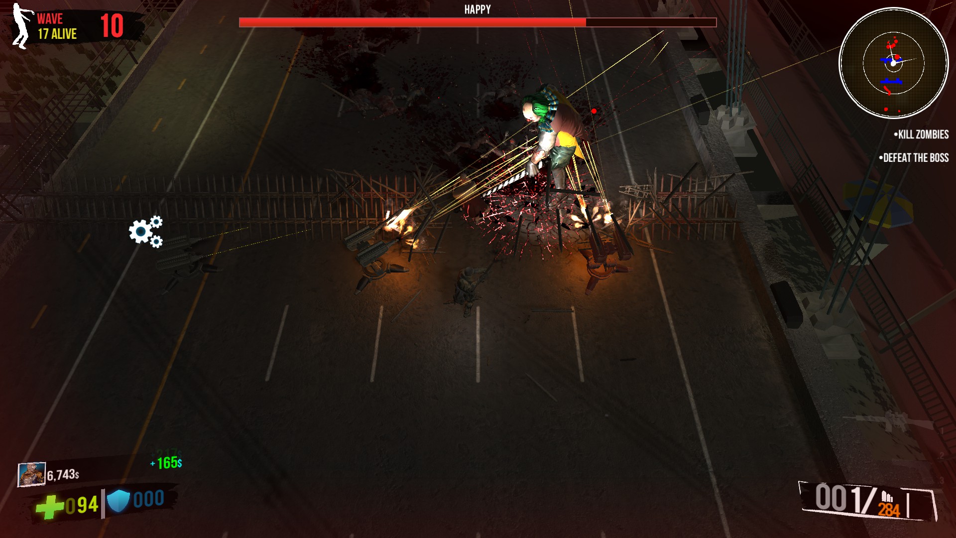 A soldier shooting at a giant clown, a health bar with the name Happy is displayed above. bullets are leaving trails behind.