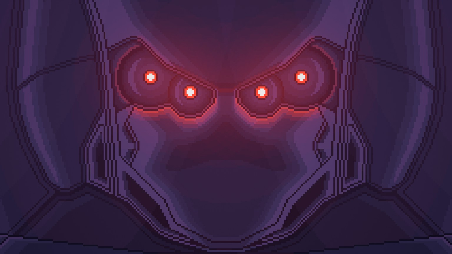 A close up of the Titanium Hounds face, four red eyes are shown and the main colour is a dark purple.