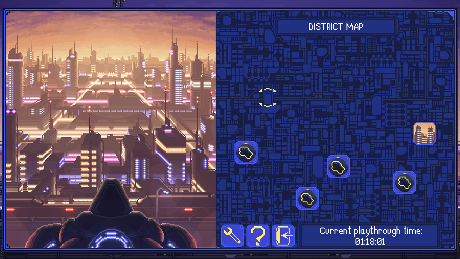 a nice pickle art of the city with a blue box showing the map, small boxes with fist shw that the mission is done. a small box with a yellow picture of a city is the next mission.
