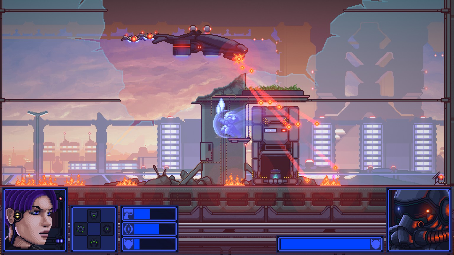 a fight between a airship and the Titanium hound, a blue aura can be seen around the suit. below is a two portraits, left a woman with purple hair and a transponder in her ear, right a pilot with a orange tint showing the sunset reflecting off the helmet.