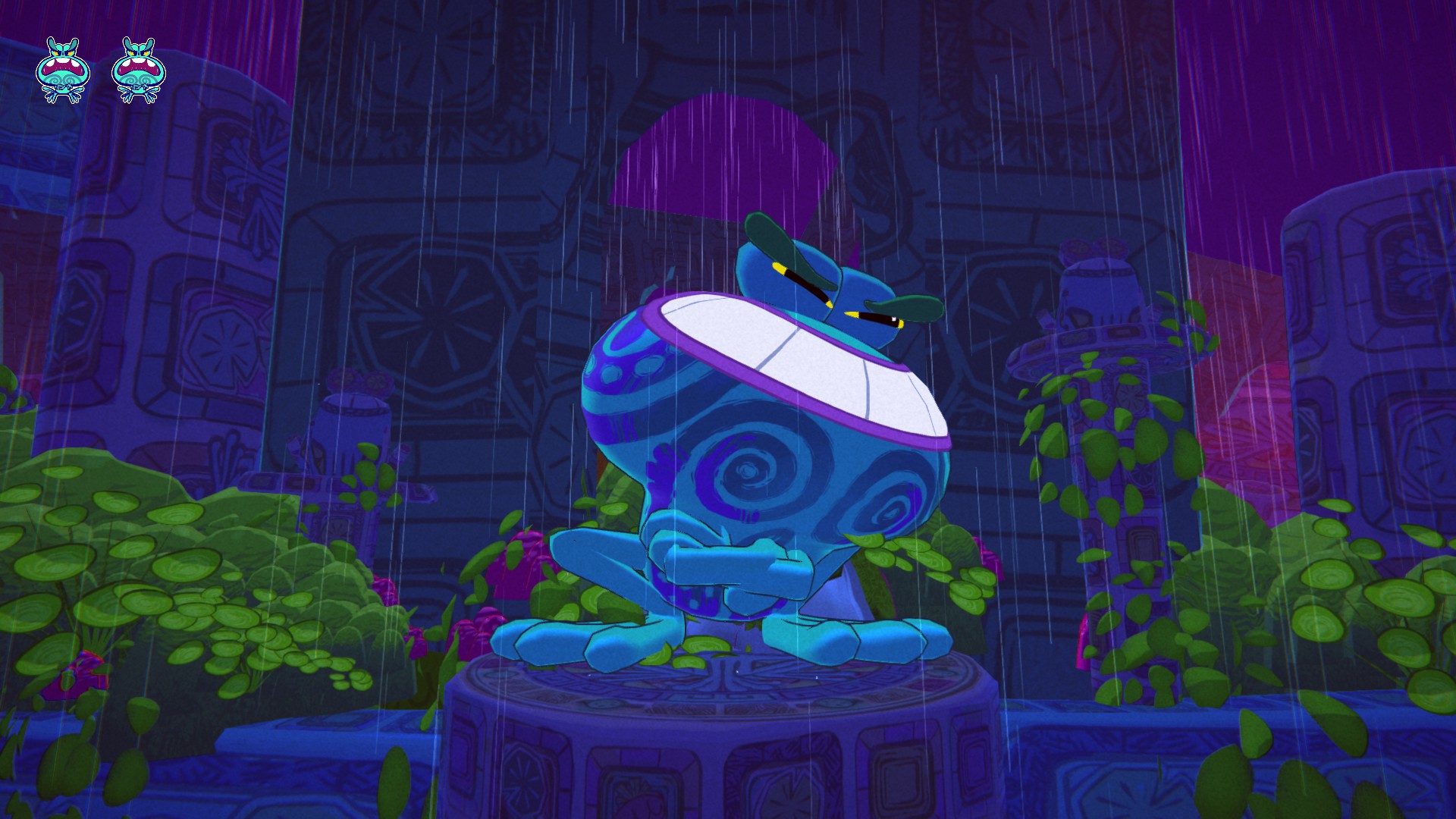 A giant blue frog smiling in the rain, it sits atop a stone platform. Large ruins and tree are seen in the back ground.