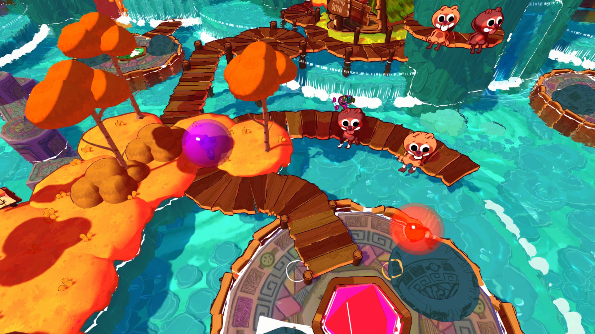 Various piers and trees are visible, sat on the edge of the piers are four beavers. Both players are in bright orange and purple spheres. lower a platform with aztec or mayan inspired ruins.
