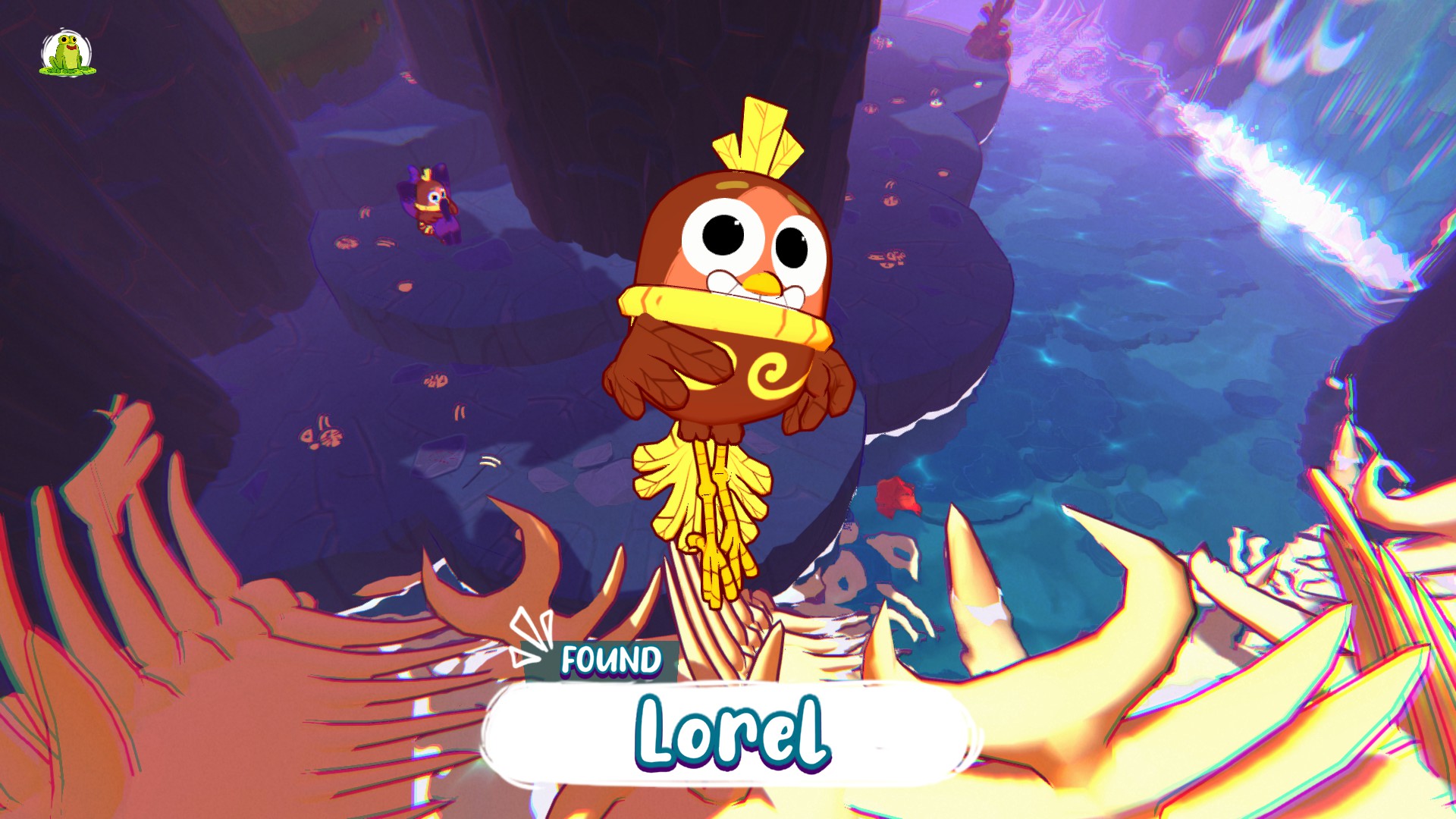 A brown bird with yellow feathers and markings, a river is seen on the right and bones at the bottom. A speech bubble with the name Lorel is visible