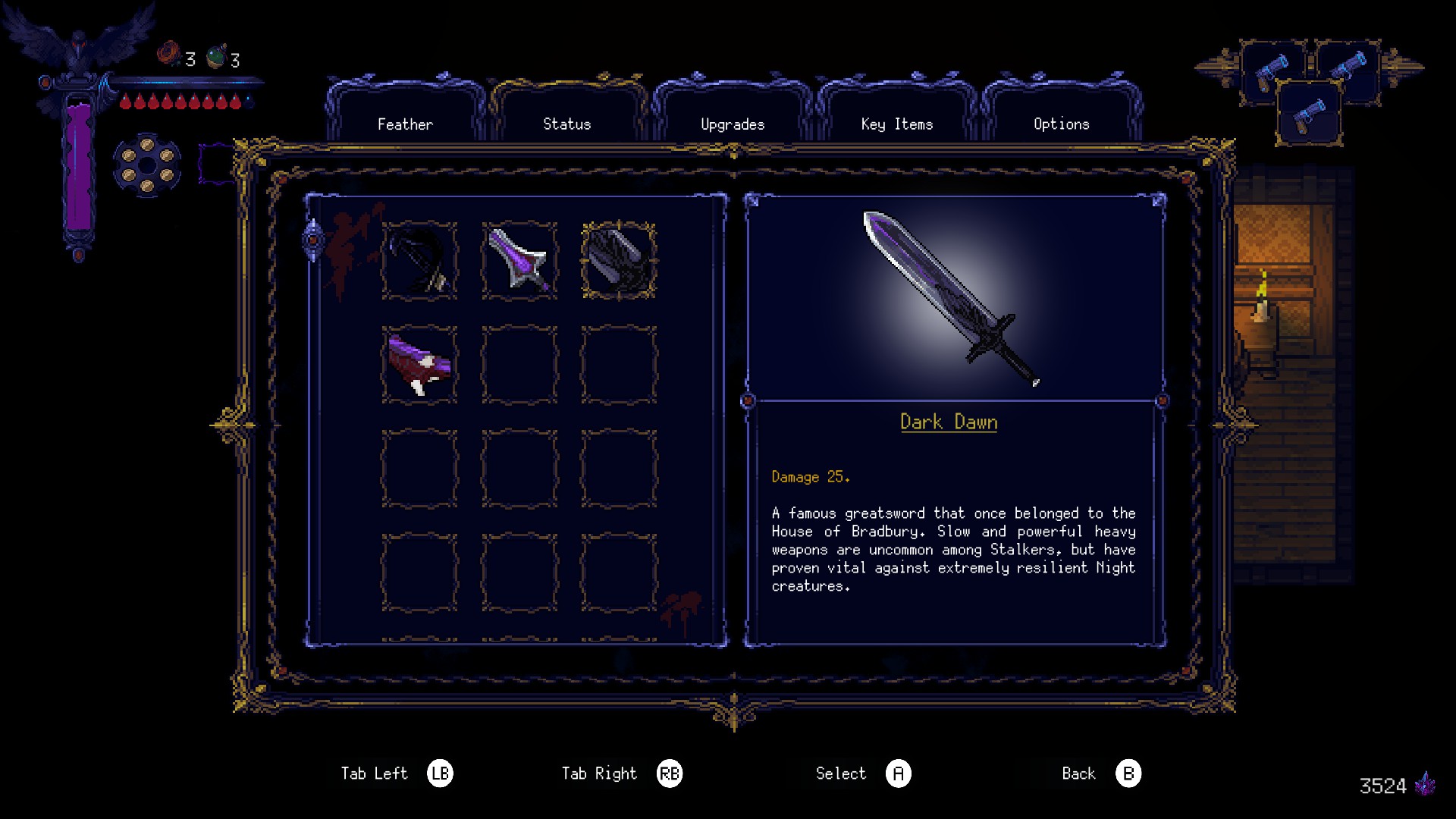 A display of a couple different weapons found in the start of Hunt The Night. currently the Dark Dawn is selected and right is a visual and text box giving some lore to the weapon.