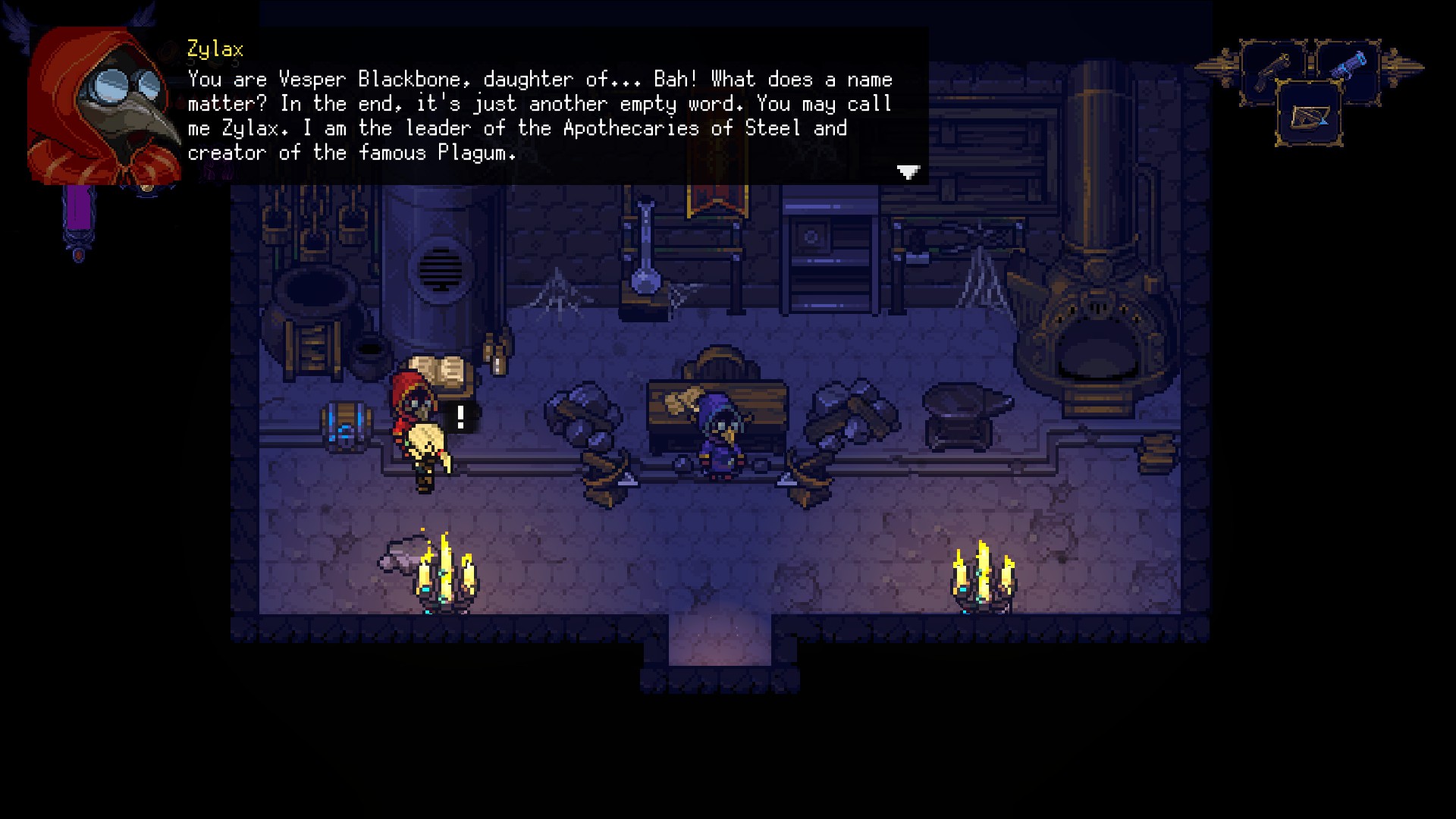 Top left displays a text box of the character Zylax. Vesper is standing in a old fashion lab with two other characters one in red the other in blue