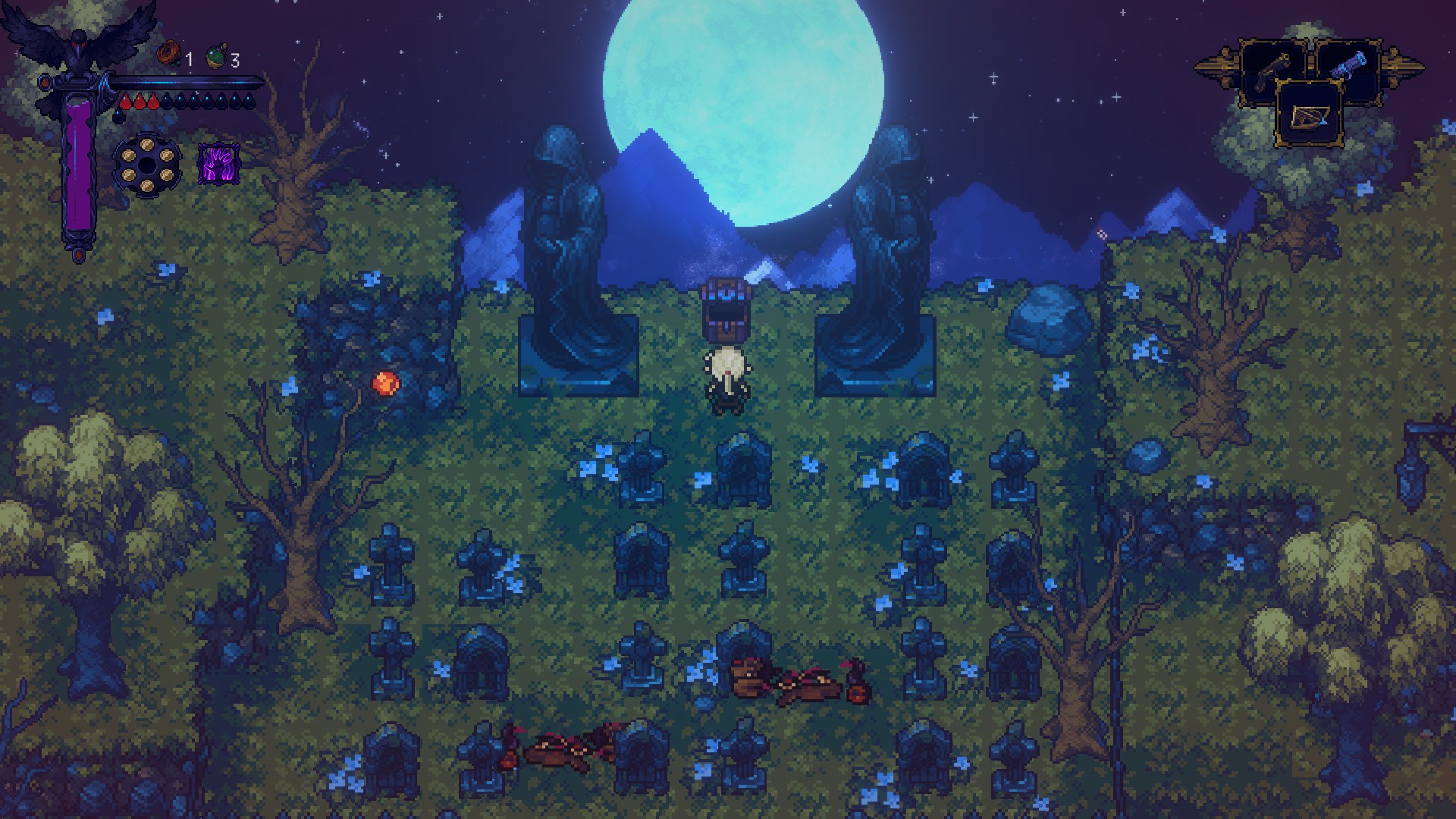 A graveyard with two large hooded statues near a ledge. A bright blue moon can be seen in the distant and our protagonist is staring out towards it. a chest has been opened.