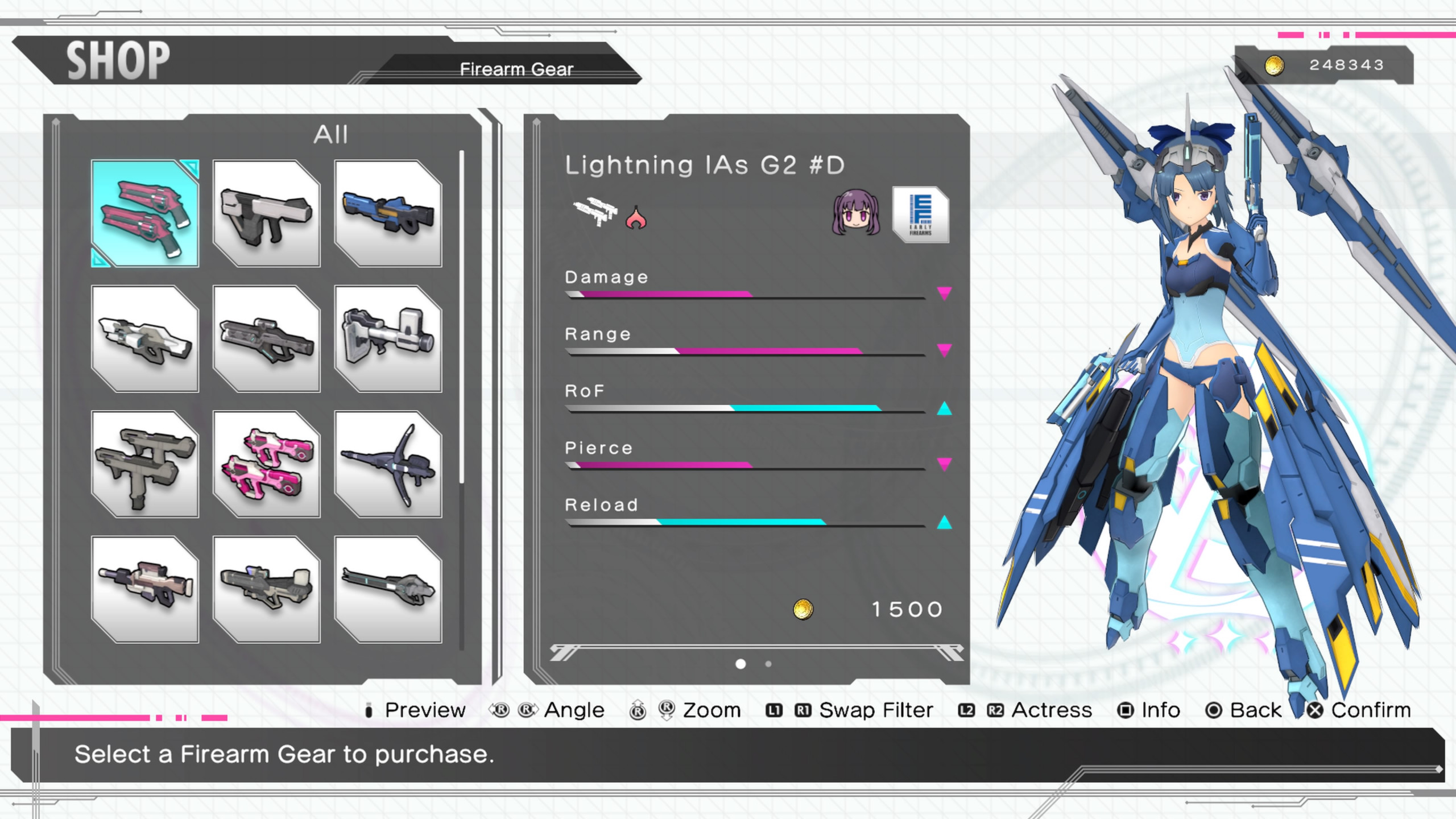 A list of weapons with one highlighted in blue, on the right is a text box showing the weapon type. element and stats. 