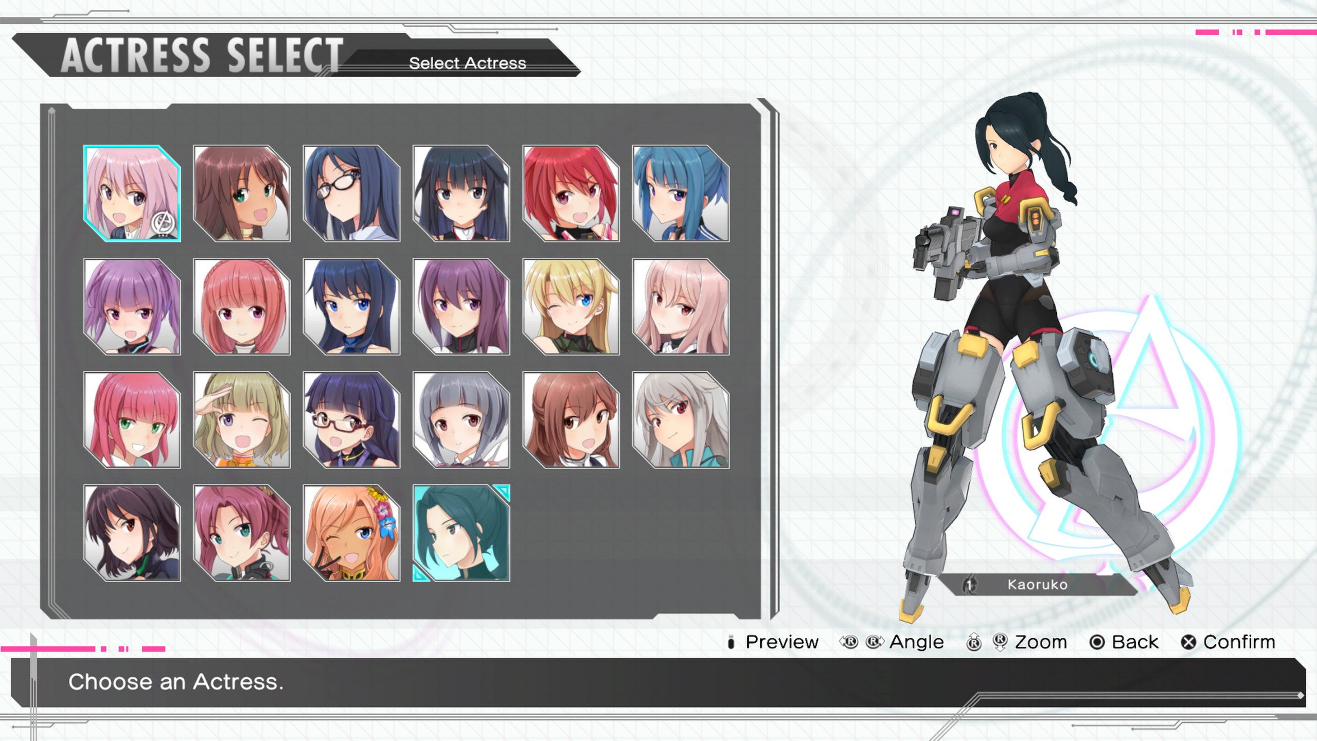 A grid of characters with various hair colours and on the right is a preview of the current character selected.