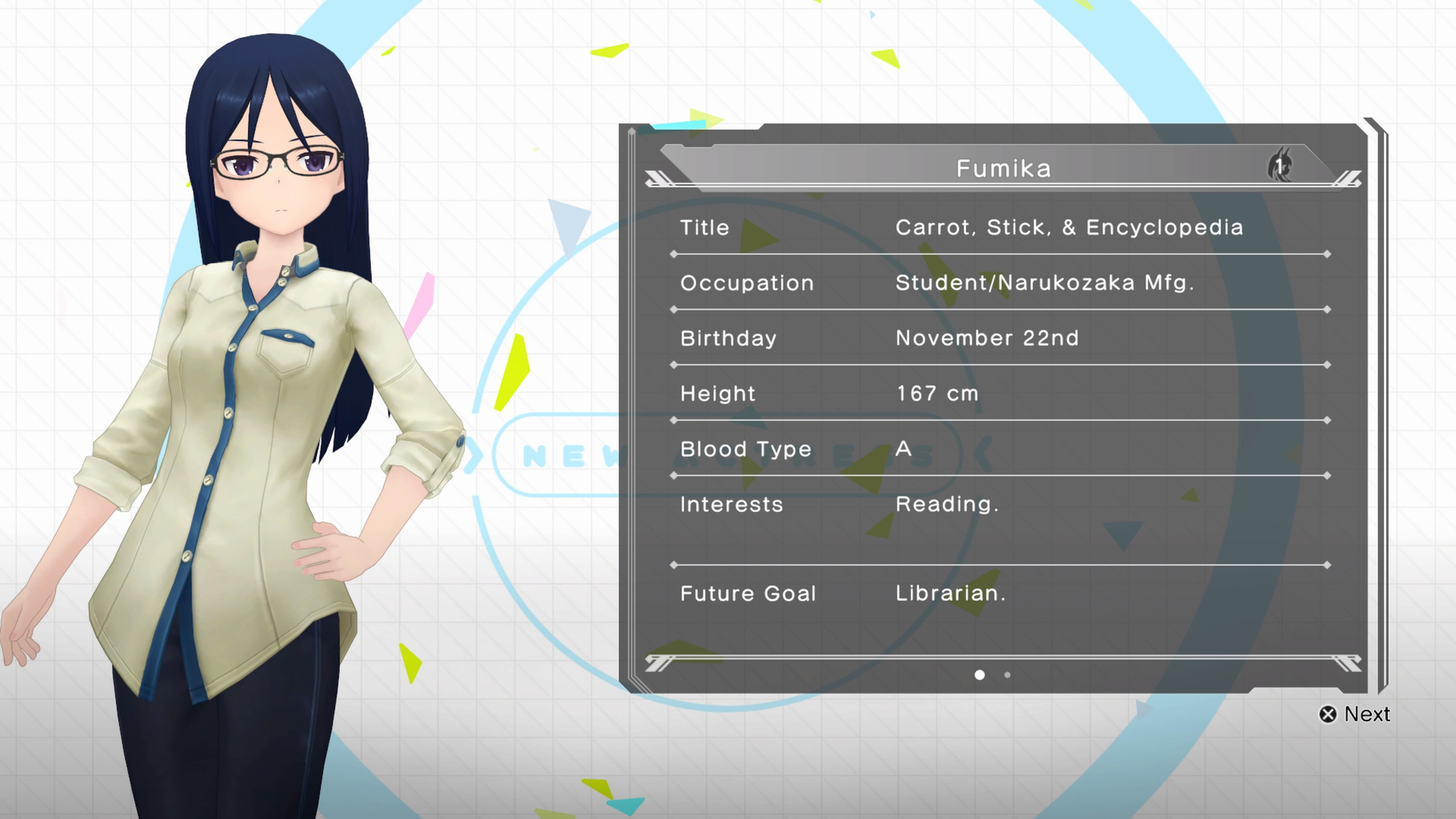 A girl with blue hair. Wearing a buttoned shirt with blue strip going down and glasses. Right side is the bio to the character listing like/dislikes and blood type.