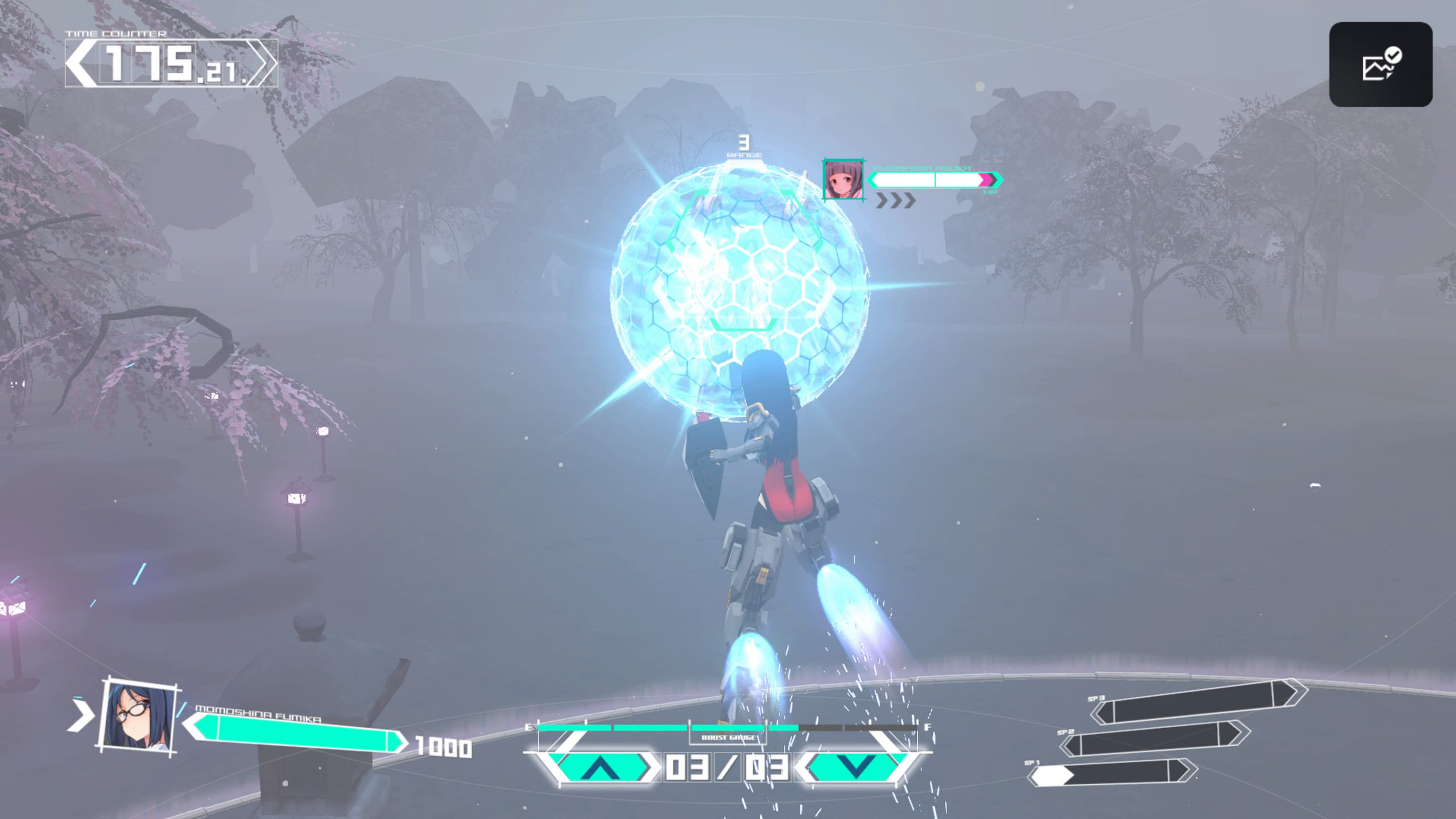 Mid combat the enemy has put up their shield to defend themselves. the hud around displays the health and a timer can be seen above.