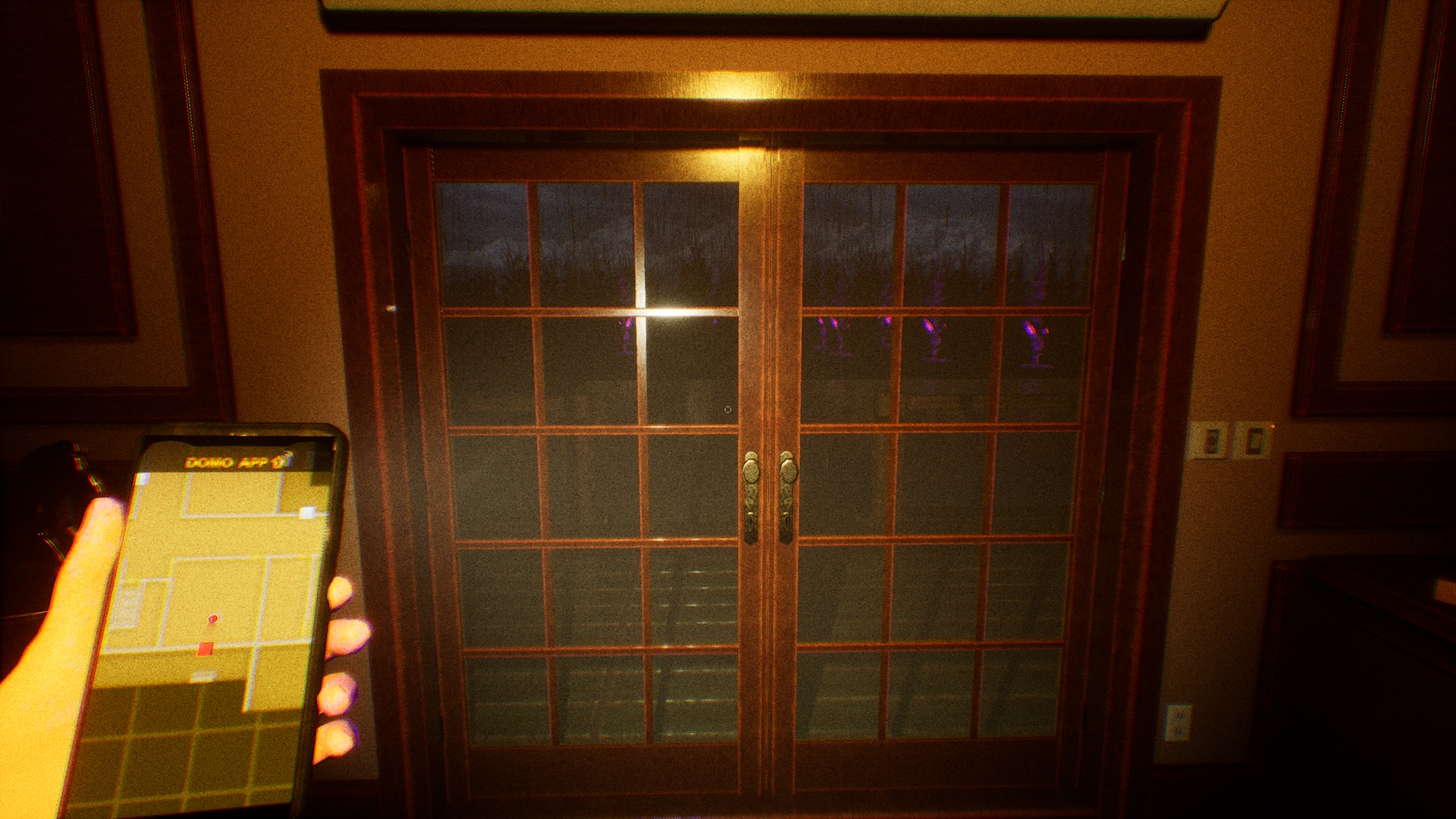 A set of closed French doors show the way into a crop field. Strange purple luminescence glows from areas of the crops. No sensible person will go outside tonight.