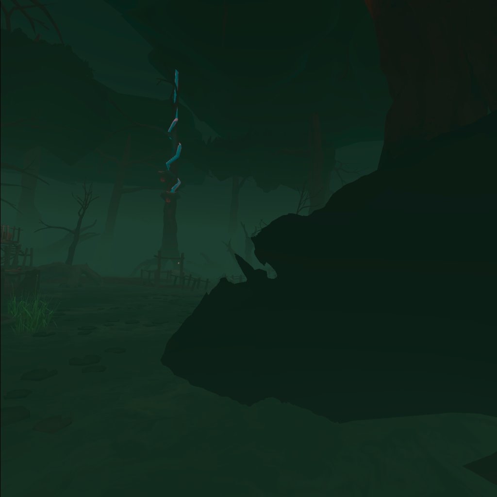 A view into a dark swamp. A large black object of unknown origin blights the right hand side of the screen. The mist surrounds the trees in the distance creating a spooky effect. ooooh!