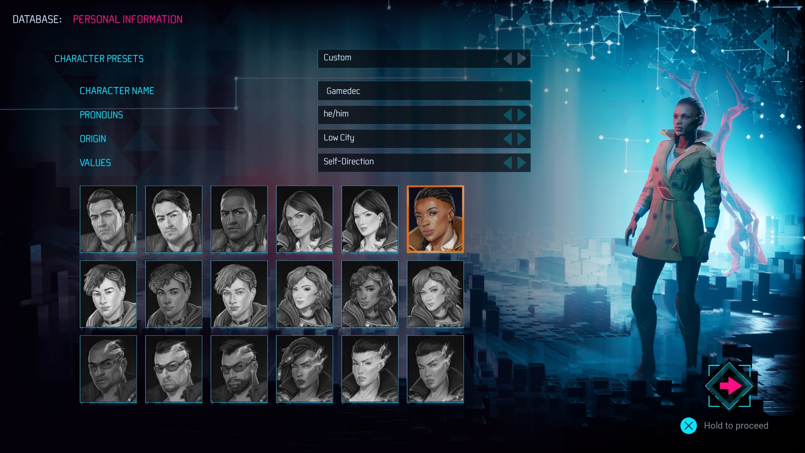 This picture shows the player on the character customisation menu, whereby there is numerous amounts of pre-set characters to chose from.