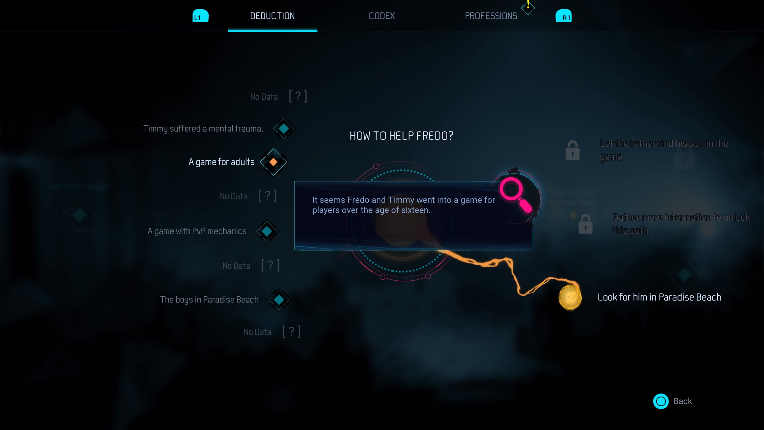 This picture shows the deduction menu whereby the player is able to see the deductions that have been made so far due to the clues that have been found.
