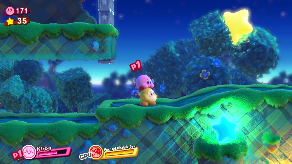 Kirby's getting a piggyback ride from a yellow waddle dee in a starry night level
