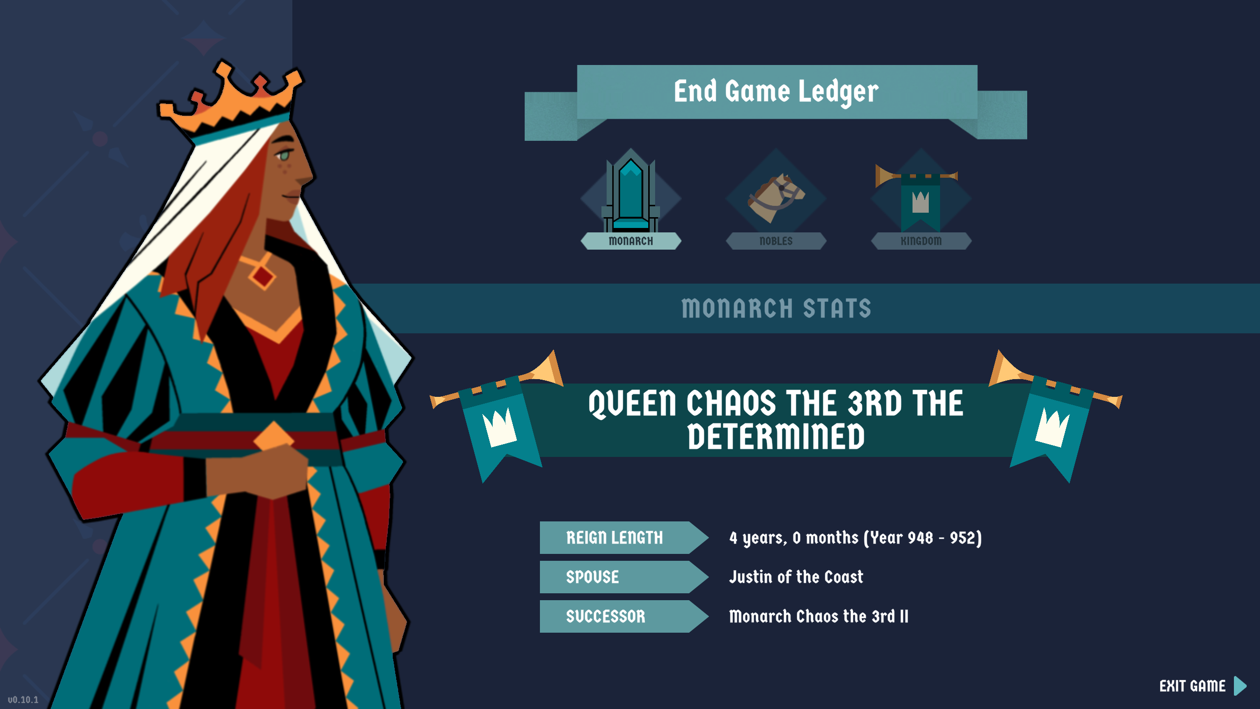 This is the end game ledger, giving you the option to check your monarch stats, nobles and kingdom stats. below the monarch stats give the known name, Queen Chaos the 3rd the determined, then reign length of 4 years, followed by spouse of justin of the coast and your successor, Monarch Chaos the 3rd II