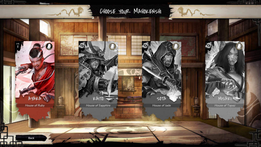 A title screen within Mahokenshi where you choose your starting deck. This also dictates your playstyle within the game.