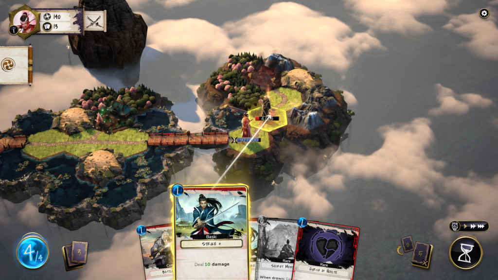 In game footage within Mahokenshi showing the celestial islands. The image depicts a battle using cards and the enemy is been defeated.