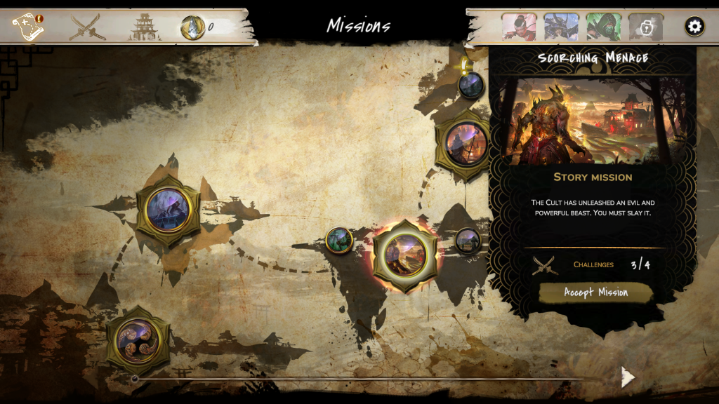 This is an early game screenshot of the mission map. Showing you what your missions are. Across the top of screen there are various options available from choosing your decks to upgrading them.